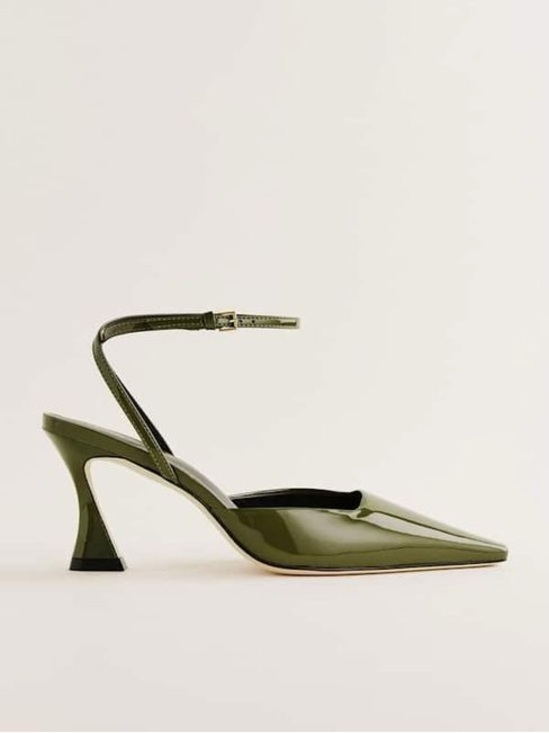 Reformation Shoes - NWT Reformation NATASHA HEEL Olive Patent Pointed-Toe Ankle Strap